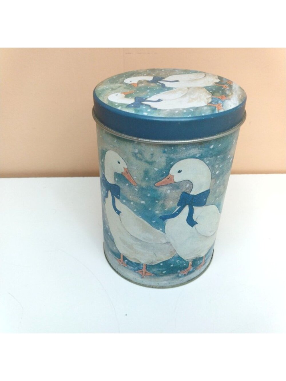 Vintage Goose in Snow Metal Tin Blue Bow 1990s 6 Inches